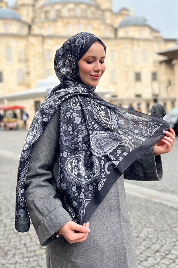 Soft Cotton Shawl - Black & Grey Paisley Pattern - TryAladdin