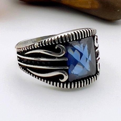 Square Blue Sapphire Silver Ring