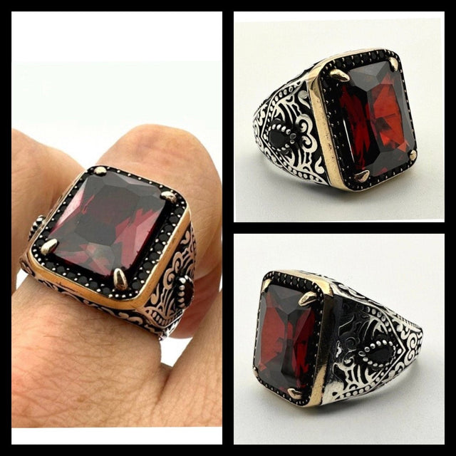 Square Red Ruby Stone Men's Ring