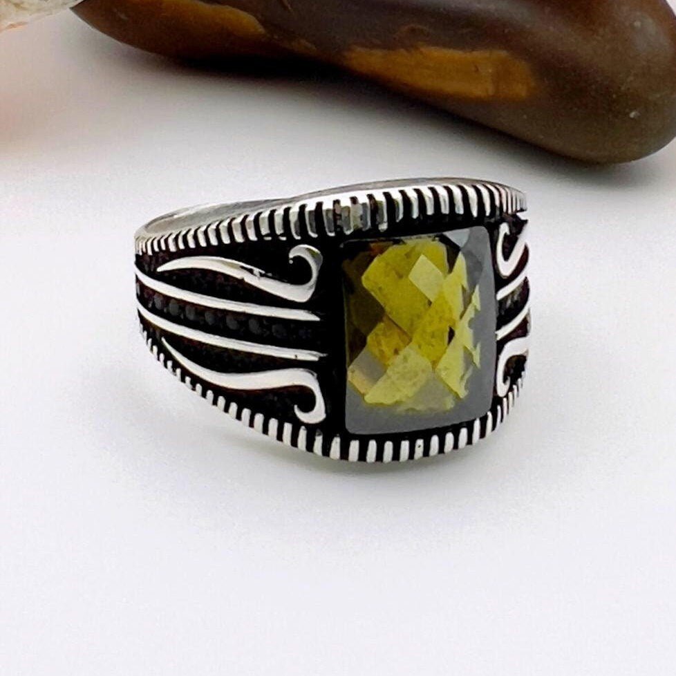 Square Yellow Amber Silver Ring