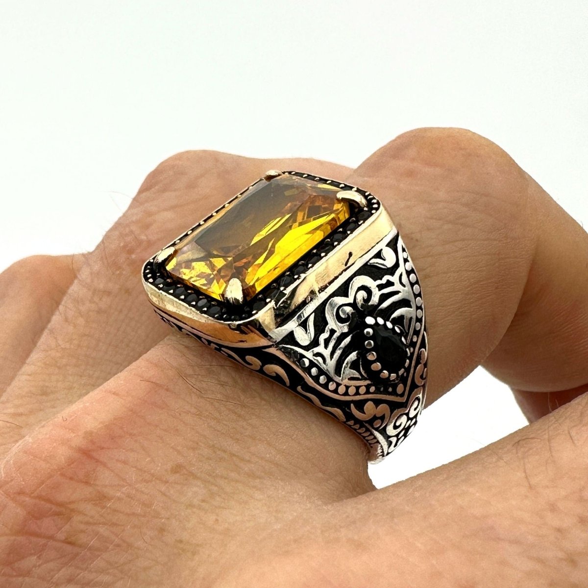 Square Yellow Citrine Stone Men's Ring