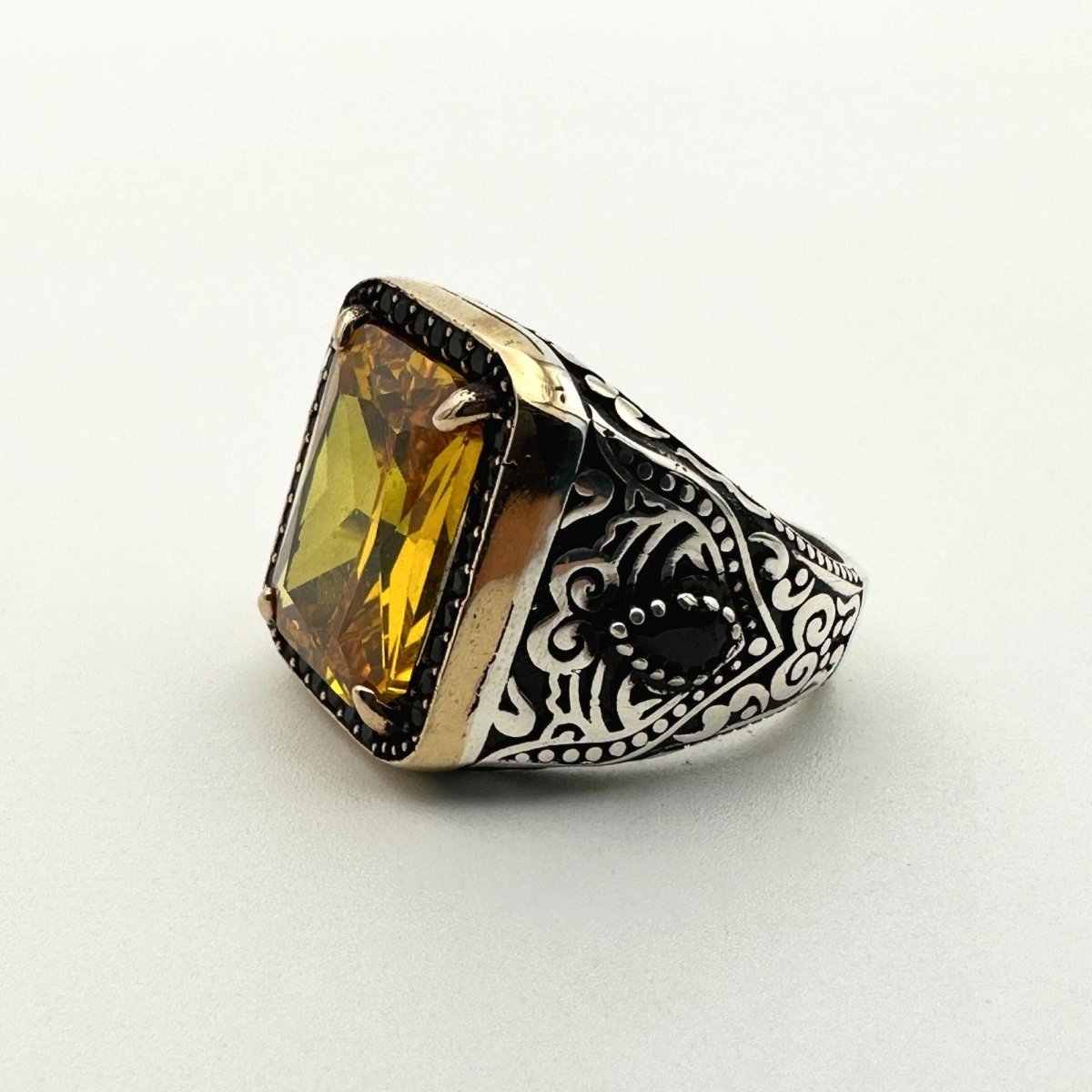 Square Yellow Citrine Stone Men's Ring