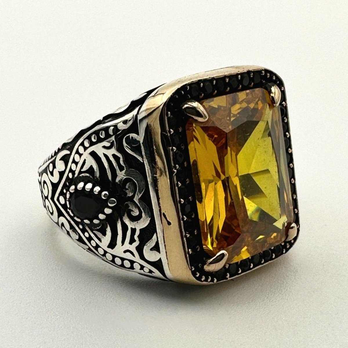 Square Yellow Citrine Stone Men's Ring