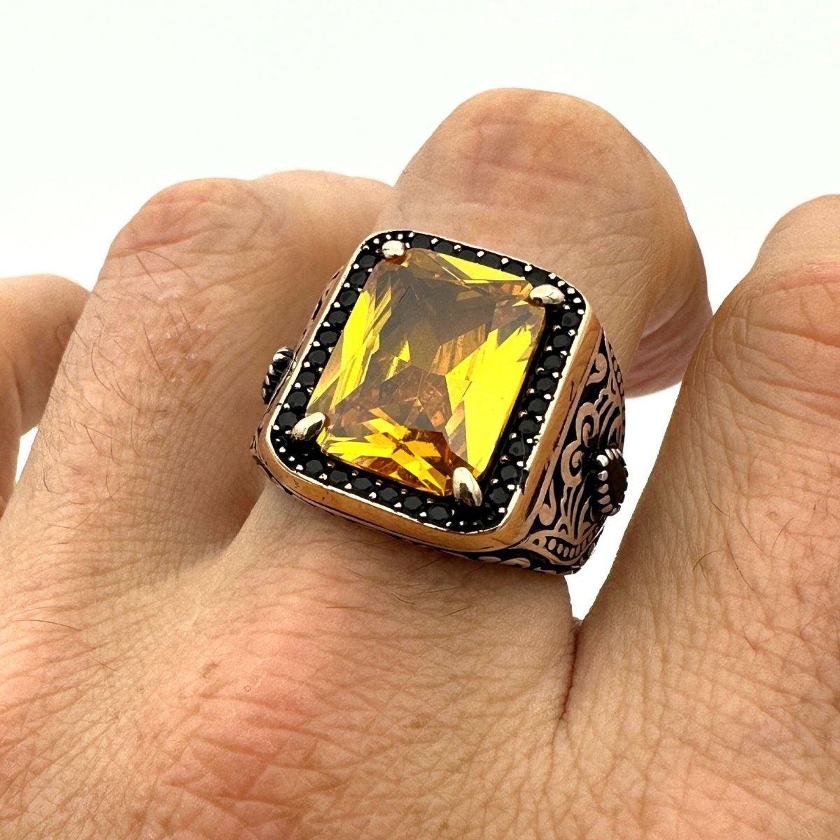 Square Yellow Citrine Stone Men's Ring