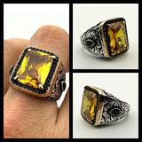 Square Yellow Citrine Stone Men's Ring