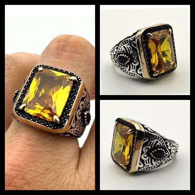 Square Yellow Citrine Stone Men's Ring