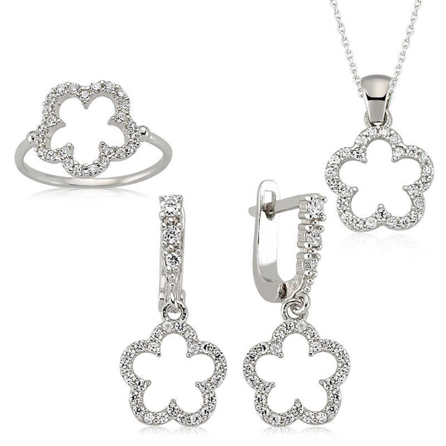 Sterling Silver Cubic Zirconia Floral Blossom Jewelry Set