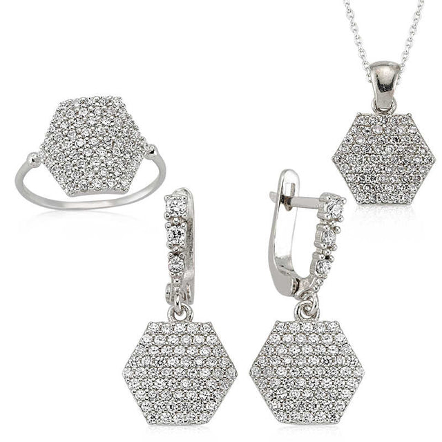 Sterling Silver Hexagon Pave Jewelry Set - Sparkle & Elegance