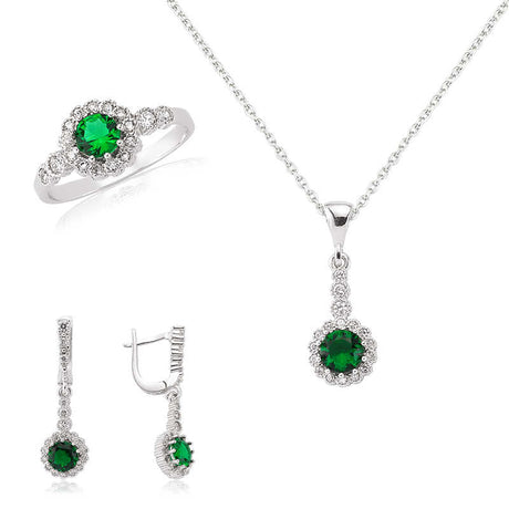 Jewelry Set - Sterling Silver Green Stone Floral Halo Design