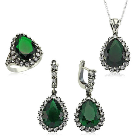 Jewelry Set - Silver-Tone Emerald Green & Clear Stone Vintage Design