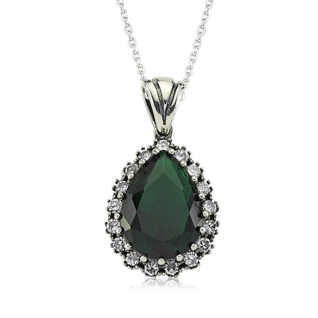 Sterling Silver Pear Cut Dark Green Gemstone Halo Necklace