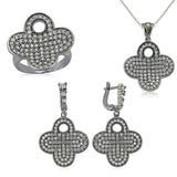 Sterling Silver Clover Jewelry Set - Pave CZ Ring, Necklace & Earrings