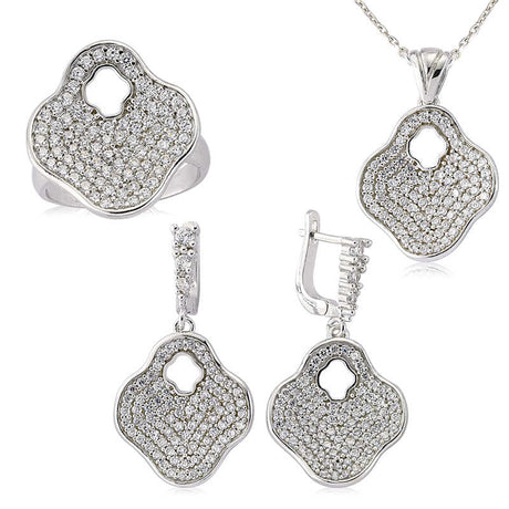 Sterling Silver Pave Clover Jewelry Set - Dazzling Sparkle