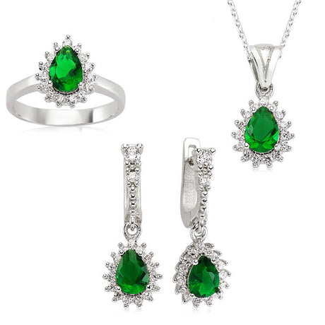 Sterling Silver Emerald Green Pear-Cut Halo Jewelry Set