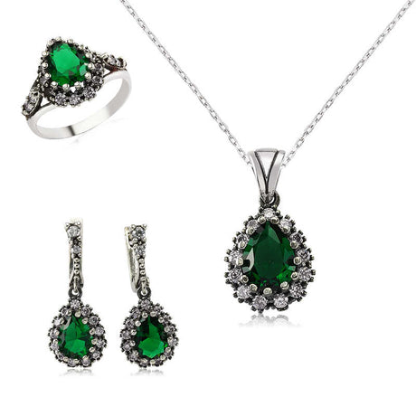 Sterling Silver Emerald & Zirconia Halo Jewelry Set