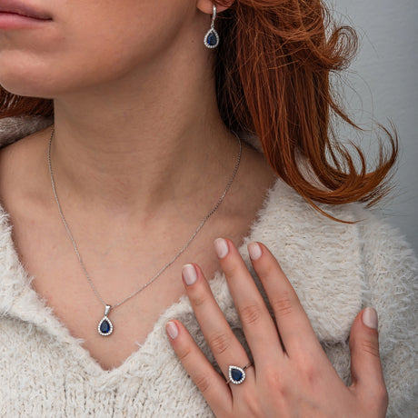 Jewelry Set - Silver-Tone Navy Zircon Teardrop Halo