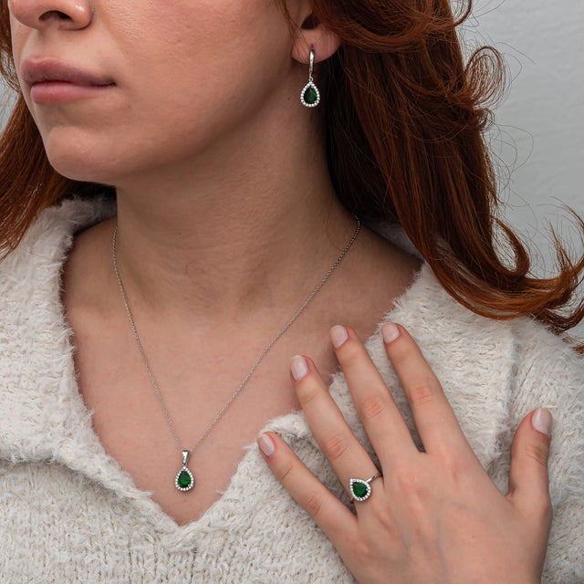Sterling Silver Green Zircon Teardrop Jewelry Set - Elegant Halo Design