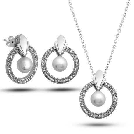Elegant Pearl & Cubic Zirconia Circle Necklace & Earrings Set