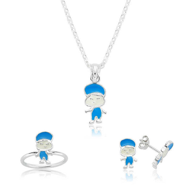 Sterling Silver Blue Enamel Boy Charm Children's Jewelry Set