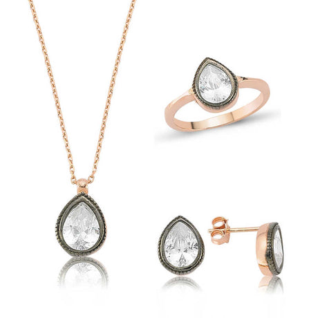 Rose Gold Plated Silver Teardrop Jewelry Set - Pear Cut Stone