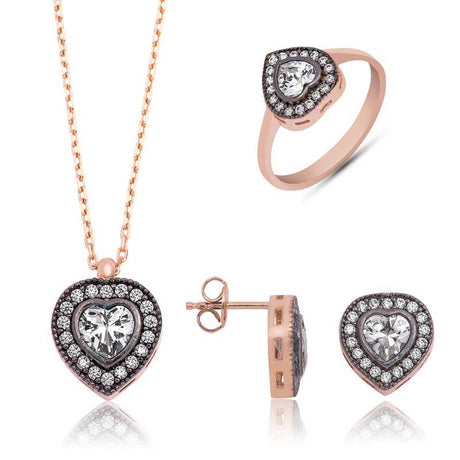 Heart Halo Jewelry Set - Rose Gold-Tone with Sparkling Stones