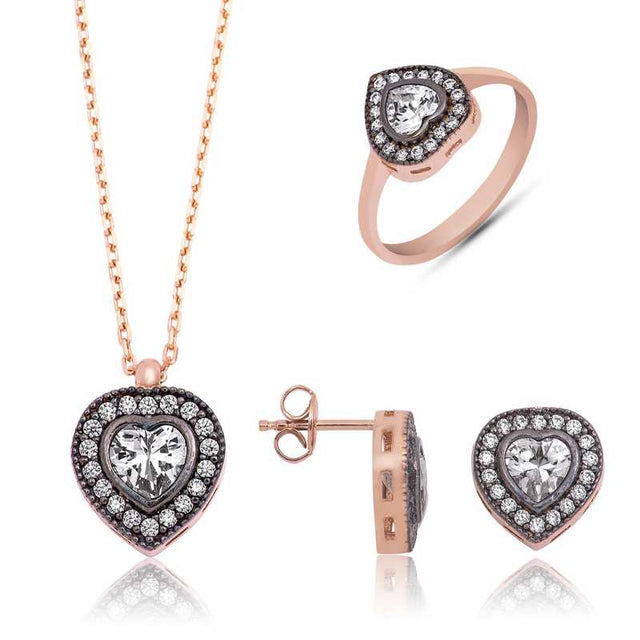 Heart Halo Jewelry Set - Rose Gold-Tone with Sparkling Stones