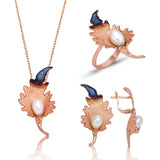 Rose Gold Plated Pearl & Enamel Leaf Jewelry Set