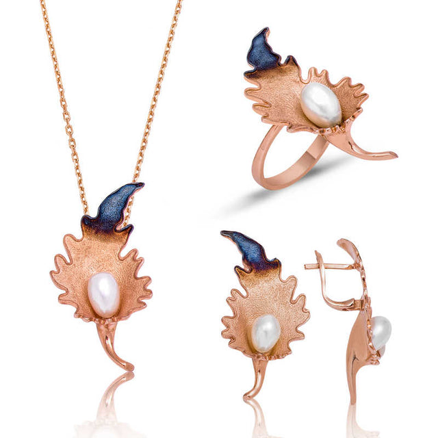 Rose Gold Plated Pearl & Enamel Leaf Jewelry Set