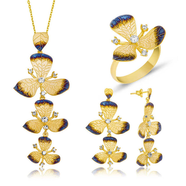 Gold-Tone Enamel Floral Statement Jewelry Set