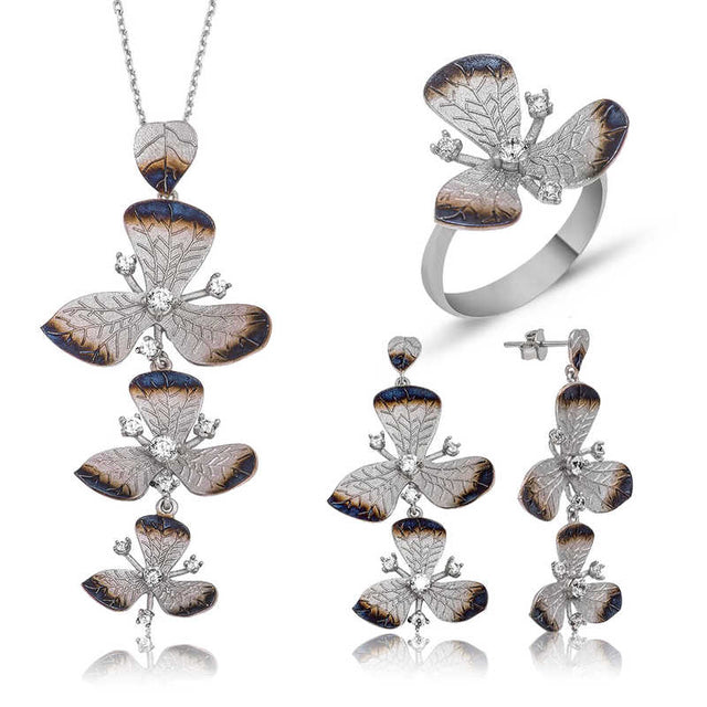 Floral Statement Jewelry Set - Silver-Tone Enamel & Sparkling Accents