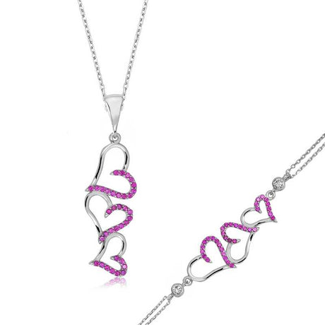 Jewelry Set - Silver-Tone Triple Heart Pink Zircon Necklace & Bracelet
