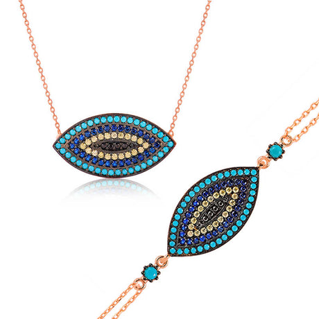 Jewelry Set - Rose Gold Plated Multi-Stone Evil Eye Design