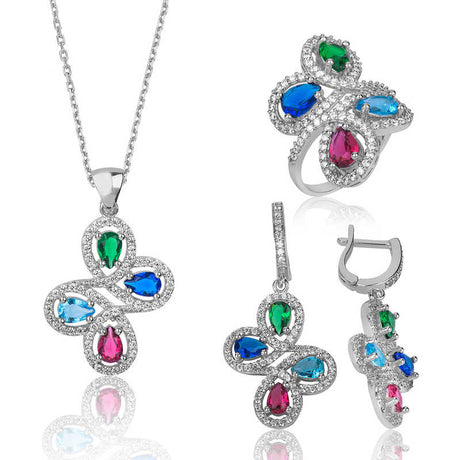 Sterling Silver Multi-Color Zirconia Clover Cluster Jewelry Set