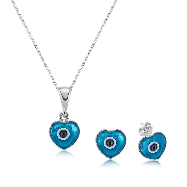 Sterling Silver Heart Evil Eye Necklace & Stud Earring Set