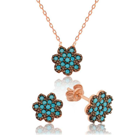 Rose Gold Plated Sterling Silver - Turquoise Flower Pave Jewelry Set