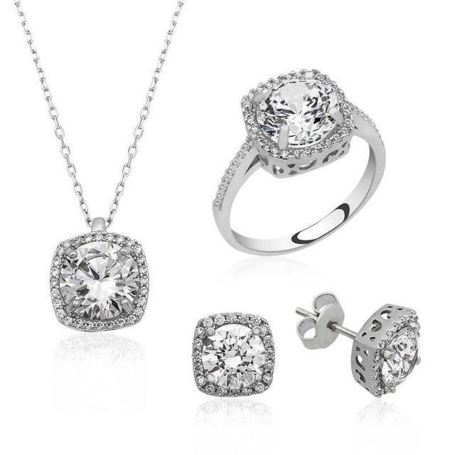 Sterling Silver Cushion Halo Solitaire Cubic Zirconia Jewelry Set