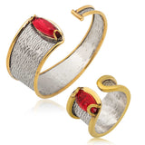 Cuff Bracelet & Ring Set - Two-Tone Metal with Red Marquise Gemstone