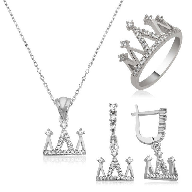 Sterling Silver Crown Jewelry Set - Sparkling Zirconia Design