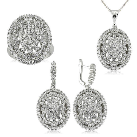 Silver-Tone Oval Cluster Jewelry Set with Sparkling White Stones