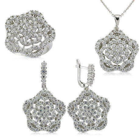 Sterling Silver Zirconia Floral Cluster Jewelry Set