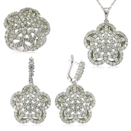 Sterling Silver Cubic Zirconia Pave Floral Cluster Jewelry Set