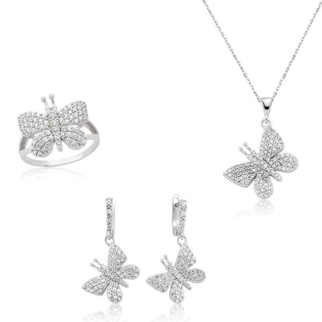 Sterling Silver-Tone Pavé Butterfly Jewelry Set - Cubic Zirconia