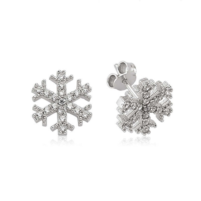 Stud Earrings - Sterling Silver Dazzling Snowflake Cubic Zirconia