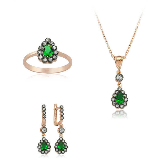 Rose Gold Plated Sterling Silver Green Teardrop Halo Jewelry Set