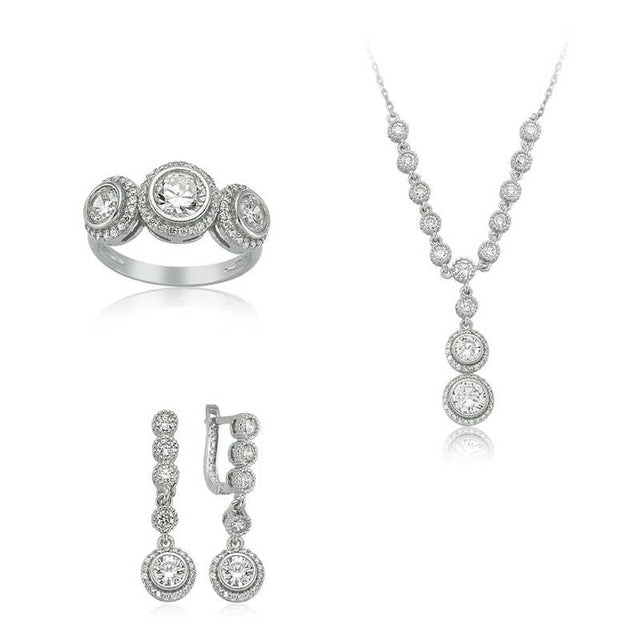 Jewelry Set - Sterling Silver Sparkling Halo Design