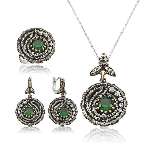 Otantik Silver Jewelry Set - Green Zircon Swirl Design