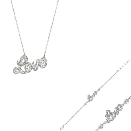 Love Script Jewelry Set - Silver-Tone Sparkling Pave Necklace & Bracelet
