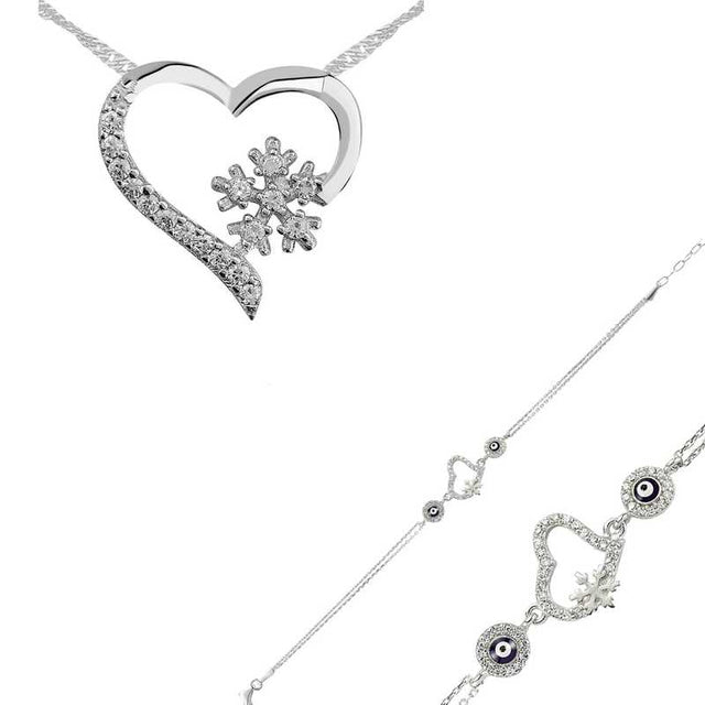 Sterling Silver Sparkling Heart Snowflake Jewelry Set