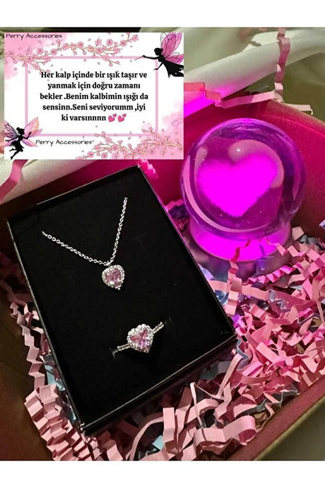 Stainless Steel Pink Heart Necklace Ring Set with Color - Changing LED Globe - TryAladdin