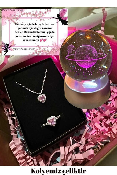 Stainless Steel Pink Heart Necklace Ring Set with Color - Changing LED Globe - TryAladdin